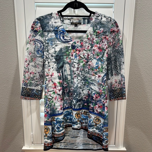 ! EUC Alberto Makali Multicolored Graphic Tunic 3/4 Sleeve High Low Sz S !